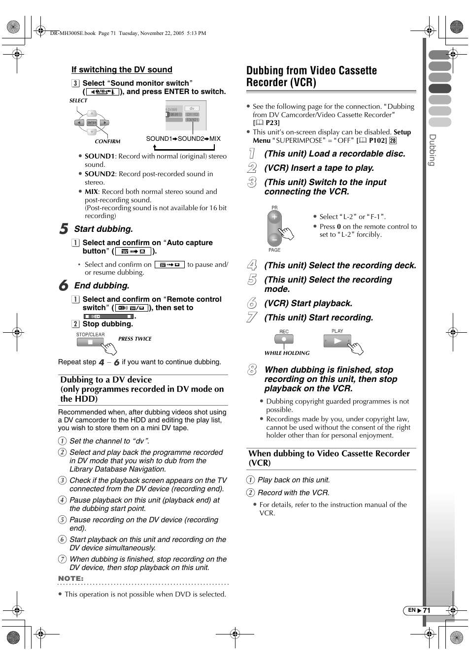 Dubbing from video cassette recorder (vcr) | JVC DR-MH300BE User Manual | Page 71 / 116