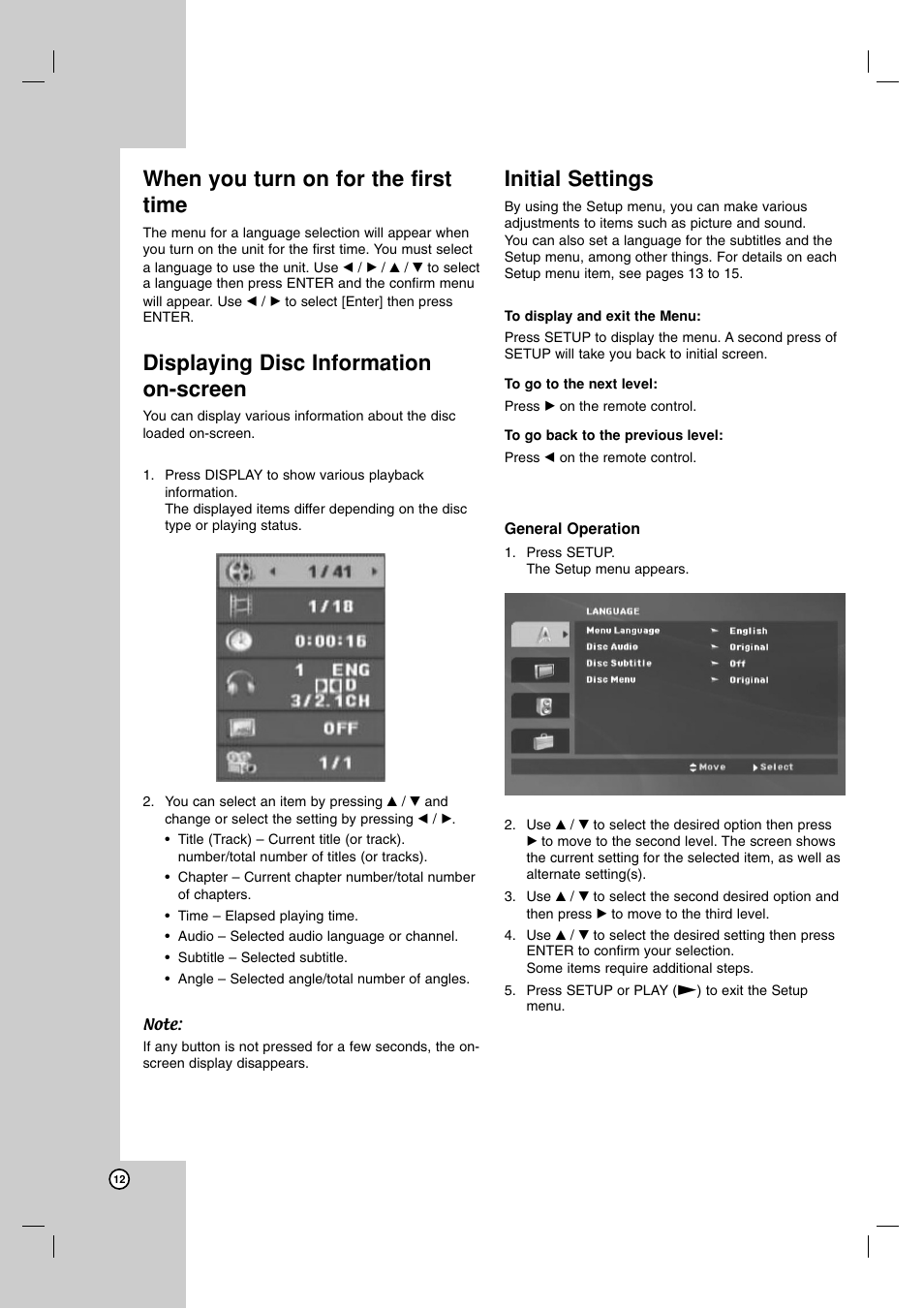 When you turn on for the first time, Displaying disc information on-screen, Initial settings | JVC XV-N680B User Manual | Page 12 / 28