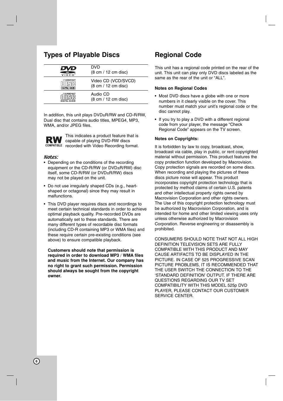 Types of playable discs, Regional code | JVC XV-N680B User Manual | Page 6 / 28