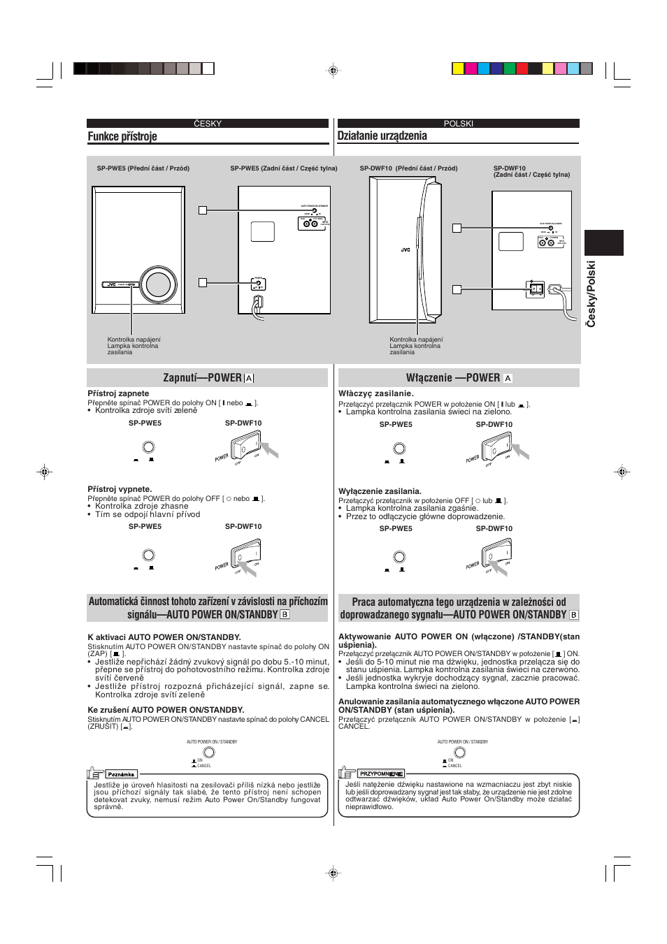 Funkce pﬁístroje dzia∏anie urzàdzenia, Česky/p olski, Zapnutí—power | W∏àczenie —power | JVC SP-PWE5 User Manual | Page 11 / 16