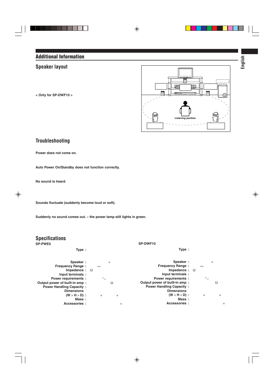 Additional information speaker layout, Troubleshooting, Specifications | English | JVC SP-PWE5 User Manual | Page 9 / 16