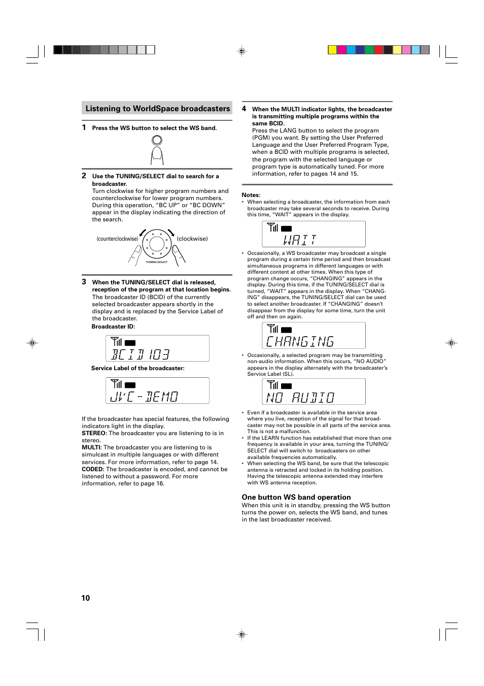 Listening to worldspace broadcasters 1, One button ws band operation | JVC FR-DS100 User Manual | Page 10 / 22