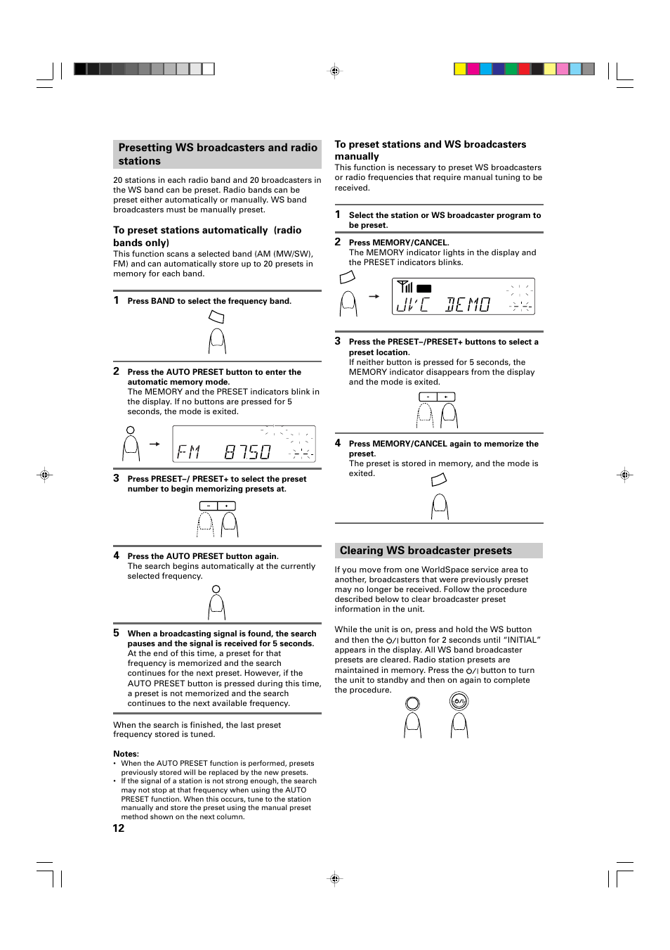 Clearing ws broadcaster presets, Presetting ws broadcasters and radio stations | JVC FR-DS100 User Manual | Page 12 / 22