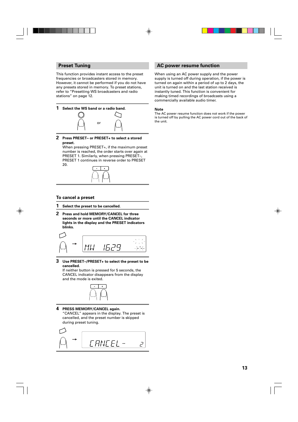 13 preset tuning, Ac power resume function | JVC FR-DS100 User Manual | Page 13 / 22