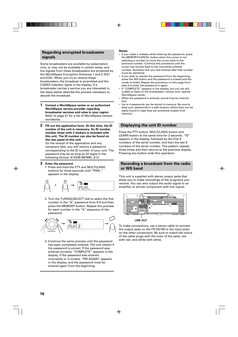 16 regarding encrypted broadcaster signals, Displaying the unit id number, Recording a broadcast from the radio or ws band | JVC FR-DS100 User Manual | Page 16 / 22