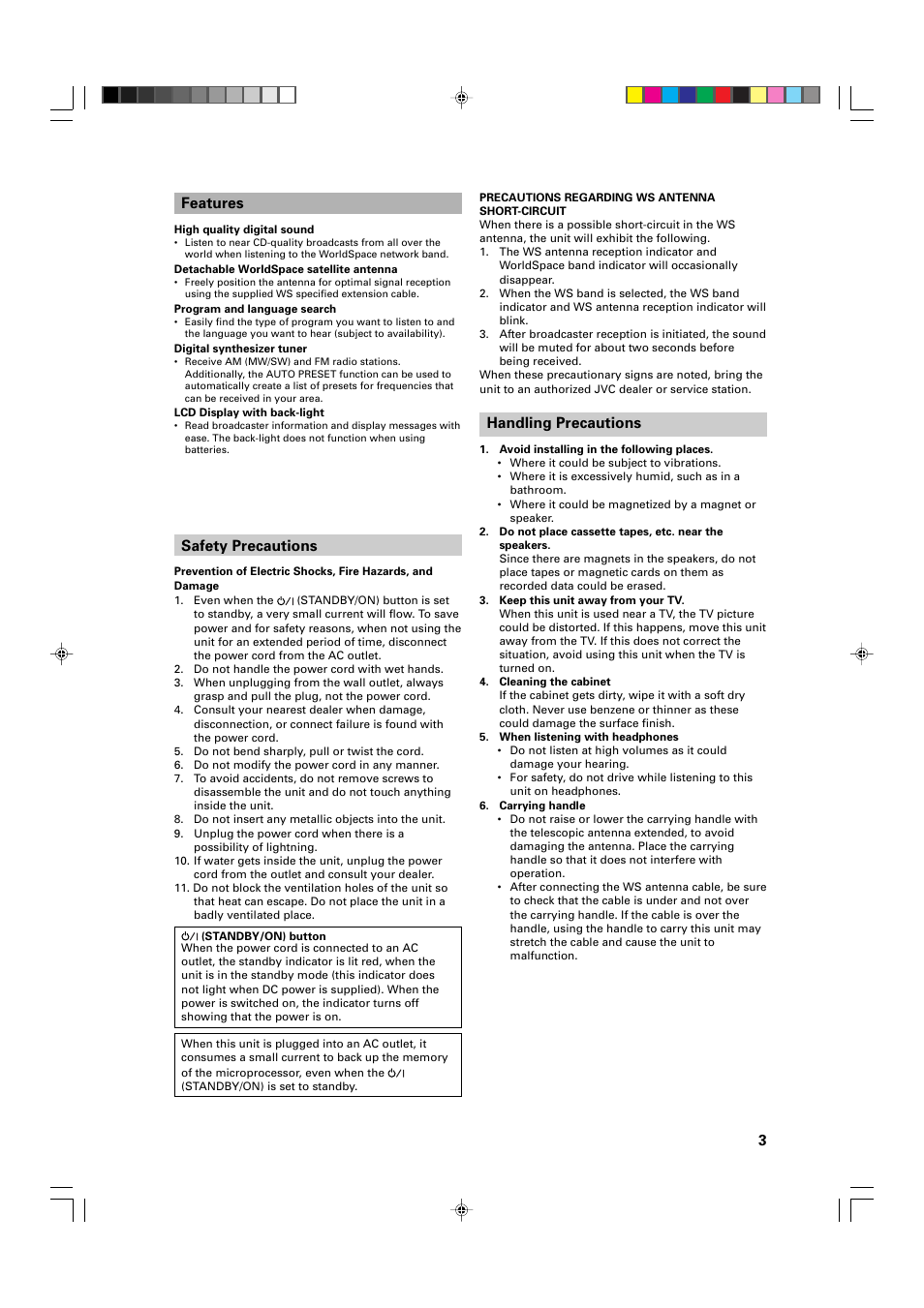 3features, Handling precautions, Safety precautions | JVC FR-DS100 User Manual | Page 3 / 22