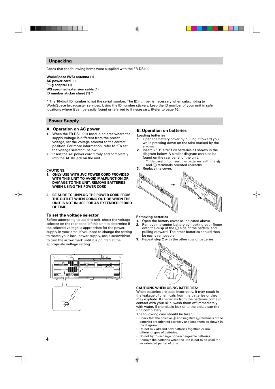 4unpacking, Power supply, A. operation on ac power | B. operation on batteries, 5vx6 | JVC FR-DS100 User Manual | Page 4 / 22