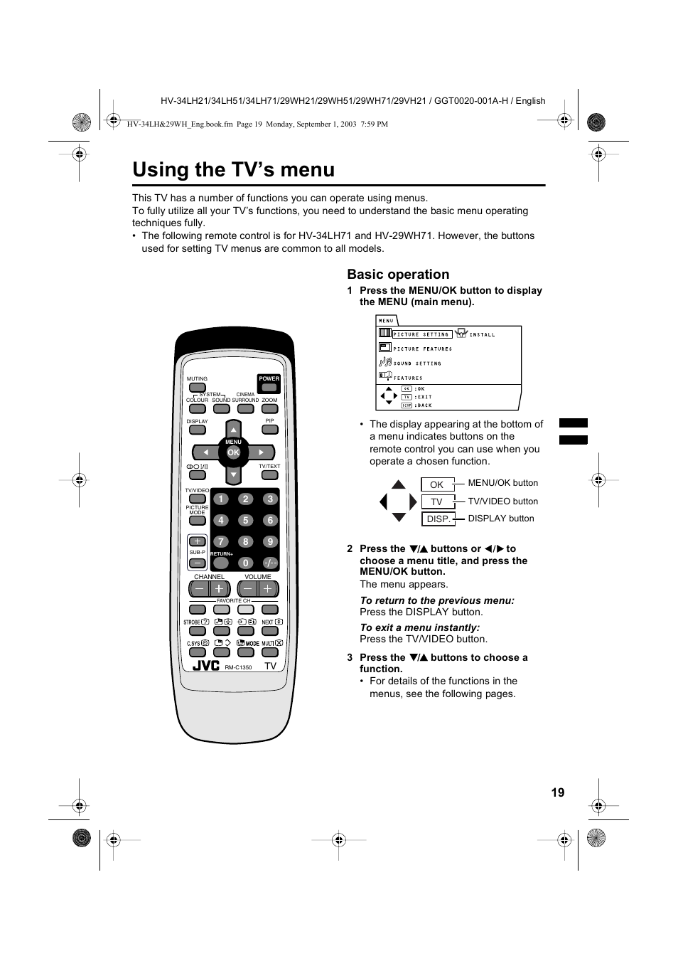Using the tv’s menu, Basic operation | JVC 0803-CR-JMT User Manual | Page 19 / 40