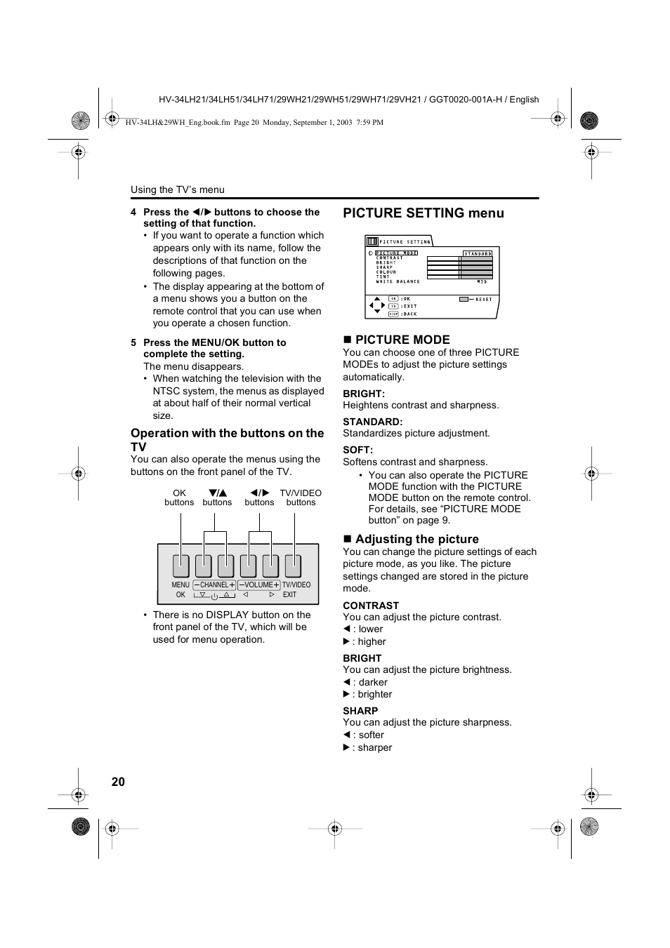 Picture setting menu | JVC 0803-CR-JMT User Manual | Page 20 / 40