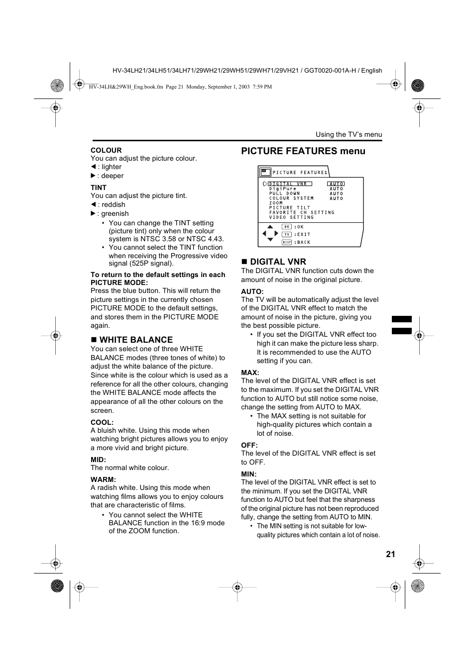 Picture features menu | JVC 0803-CR-JMT User Manual | Page 21 / 40