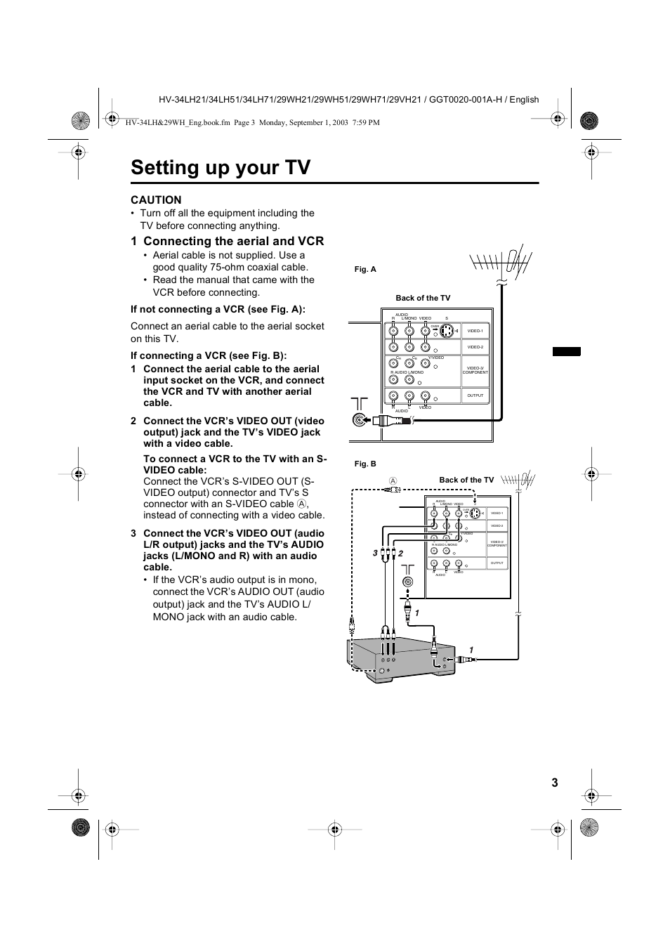 Setting up your tv, 1 connecting the aerial and vcr, Caution | JVC 0803-CR-JMT User Manual | Page 3 / 40