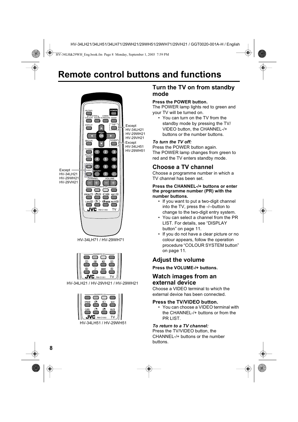 Remote control buttons and functions, Turn the tv on from standby mode, Choose a tv channel | Adjust the volume, Watch images from an external device, Press the tv/video button | JVC 0803-CR-JMT User Manual | Page 8 / 40