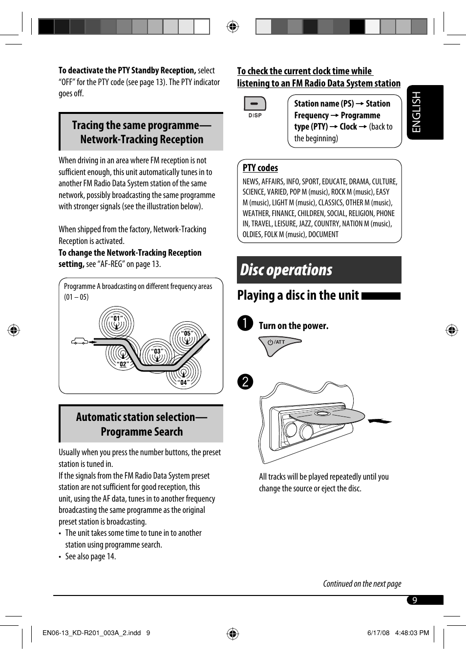 Disc operations, Playing a disc in the unit, Automatic station selection— programme search | JVC GET0582-001A User Manual | Page 13 / 60