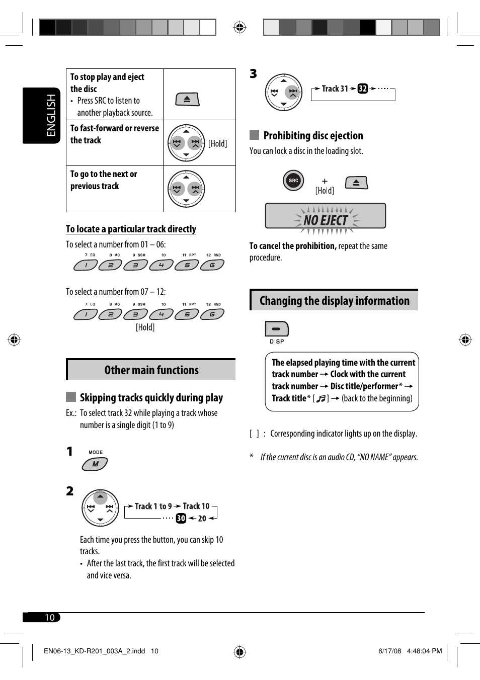 Other main functions, Changing the display information, English | Skipping tracks quickly during play, Prohibiting disc ejection | JVC GET0582-001A User Manual | Page 14 / 60