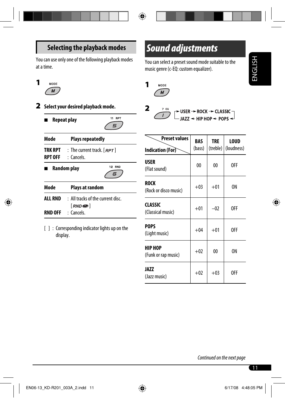 Sound adjustments, Selecting the playback modes, English | JVC GET0582-001A User Manual | Page 15 / 60