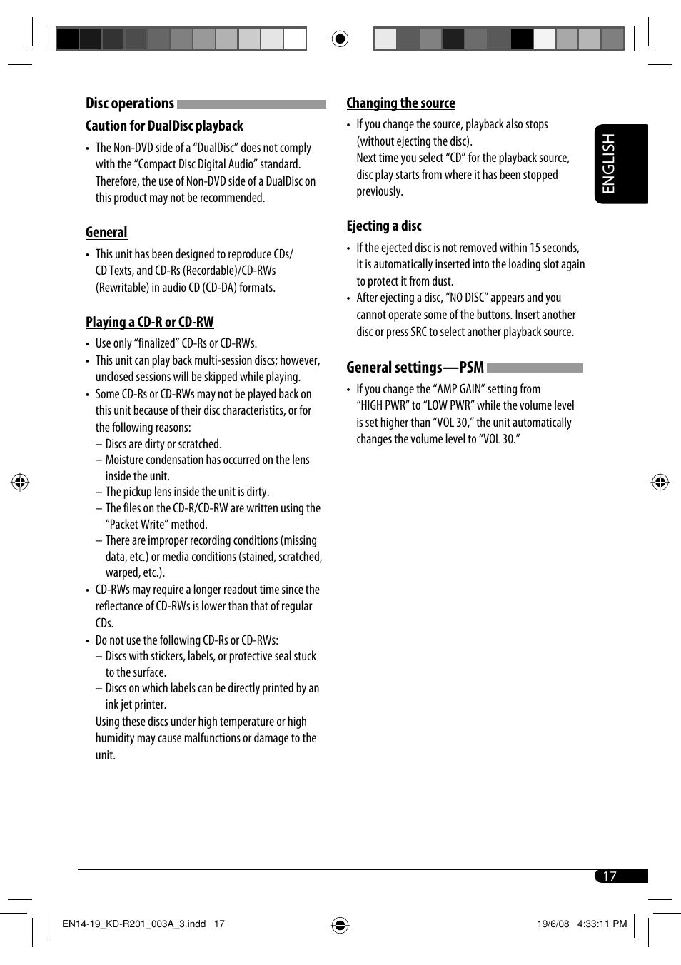 English, Disc operations, General settings—psm | JVC GET0582-001A User Manual | Page 21 / 60