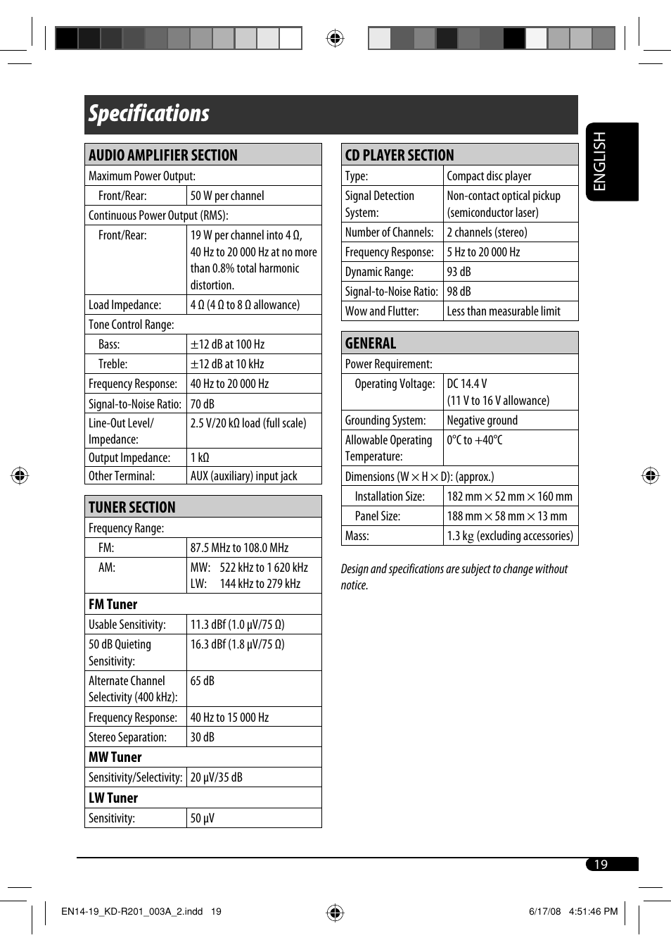 Specifications, English, General | JVC GET0582-001A User Manual | Page 23 / 60