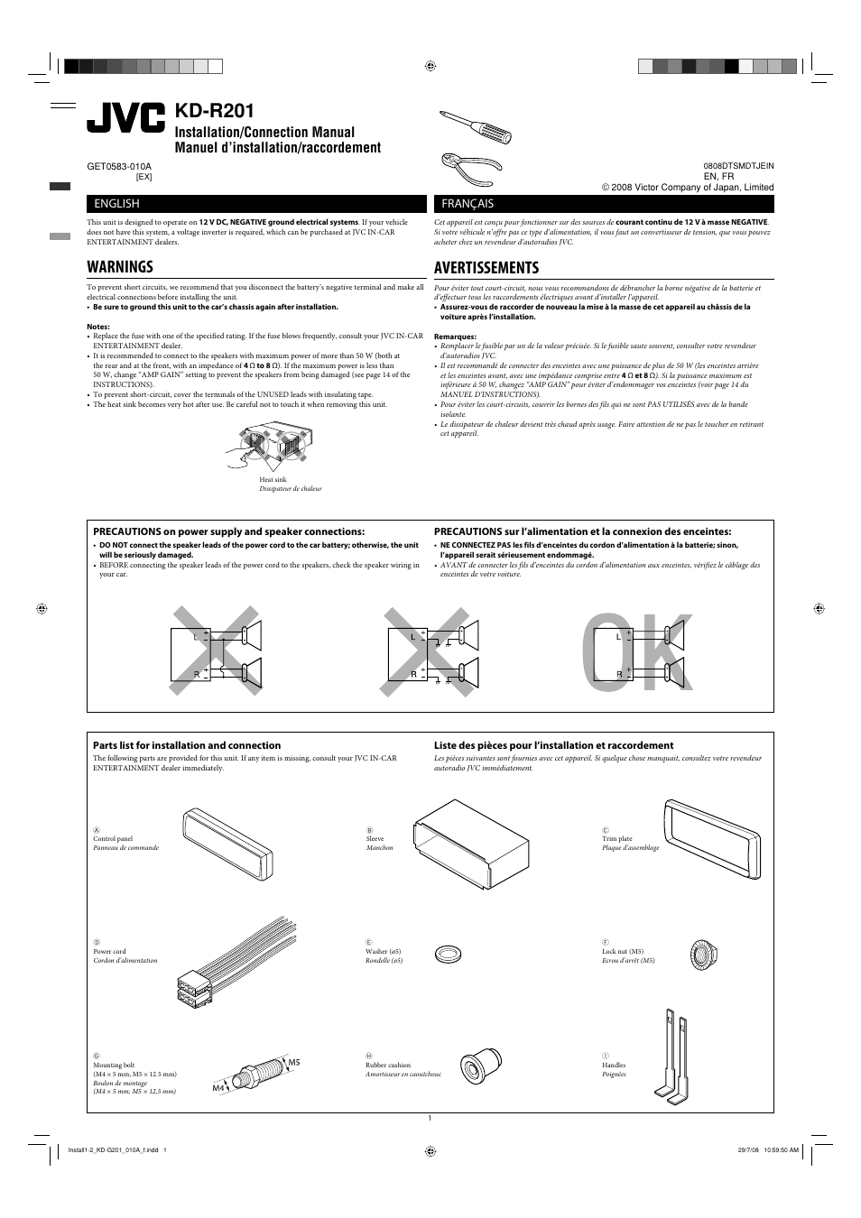 Installation/connection manual, Warnings, Parts list for installation and connection | Kd-r201, Avertissements, English, Français | JVC GET0582-001A User Manual | Page 25 / 60