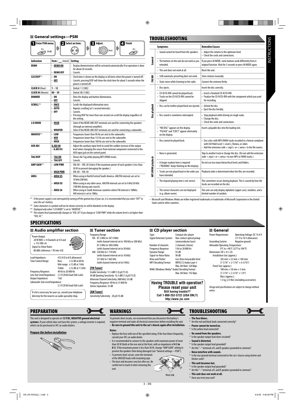 Troubleshooting, Specifications, Preparation | Warnings, General, General settings—psm | JVC GET0582-001A User Manual | Page 3 / 60