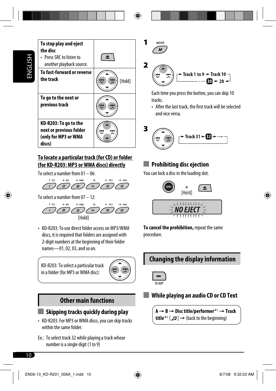 Other main functions, Changing the display information, English | Skipping tracks quickly during play, Prohibiting disc ejection, While playing an audio cd or cd text | JVC GET0582-001A User Manual | Page 38 / 60
