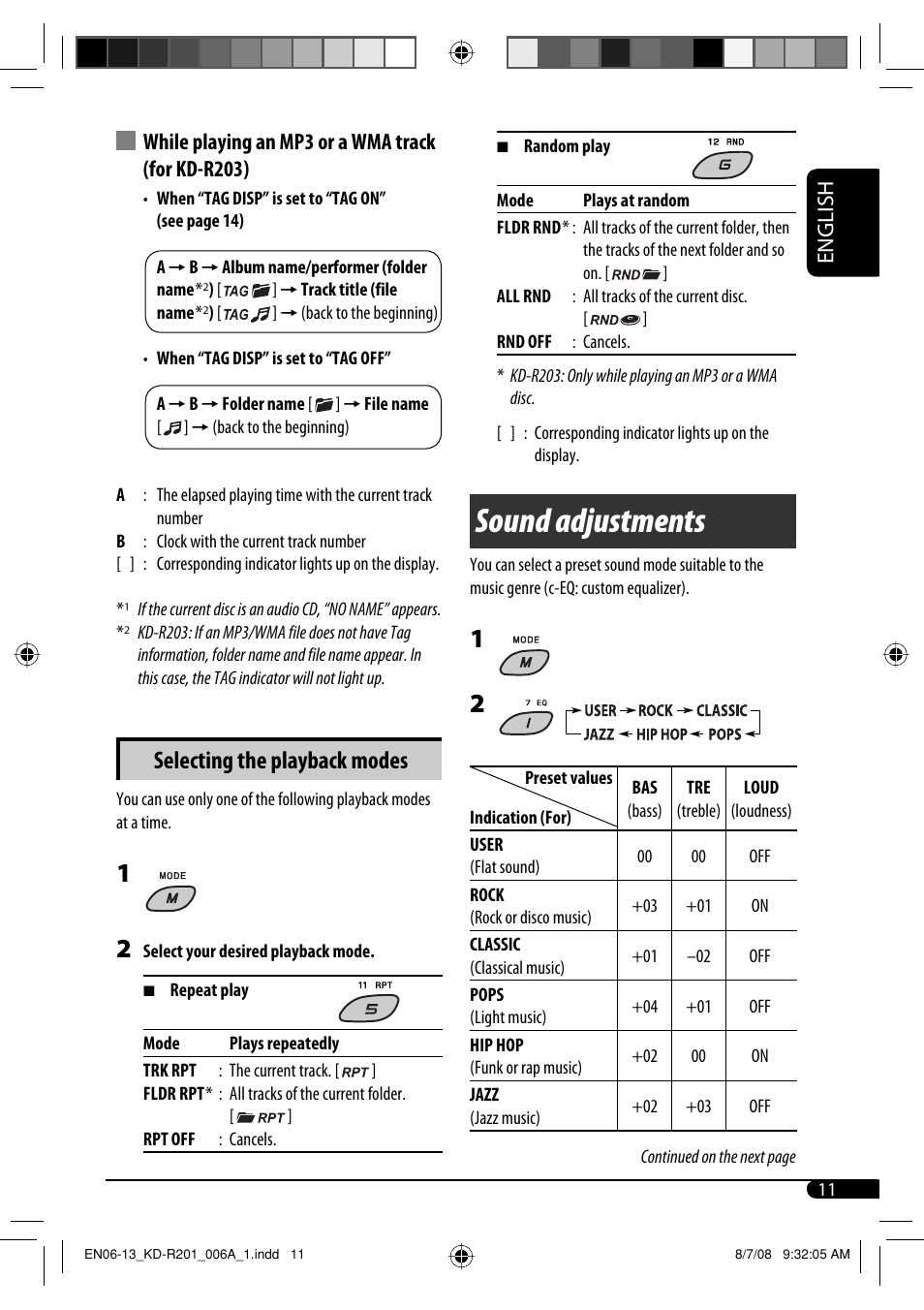 Sound adjustments, Selecting the playback modes | JVC GET0582-001A User Manual | Page 39 / 60