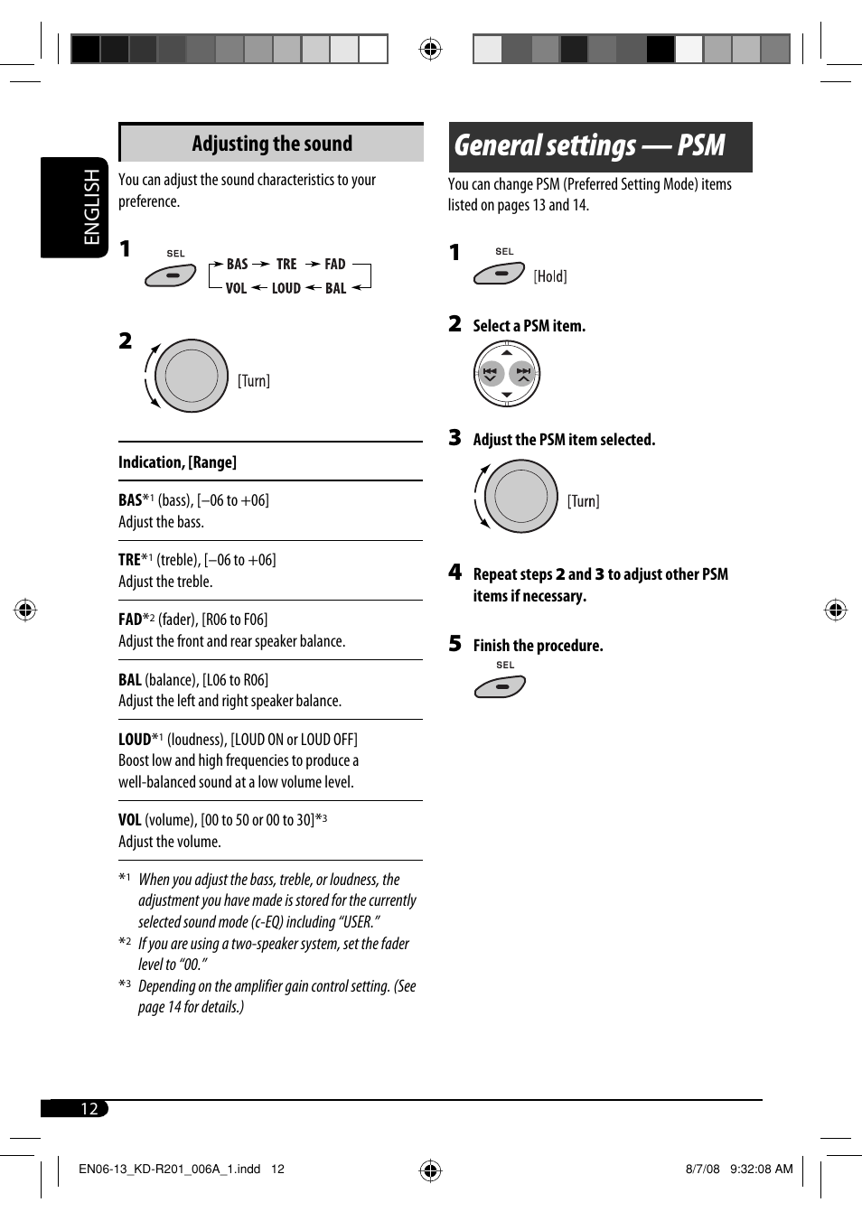 General settings — psm, Adjusting the sound, English | JVC GET0582-001A User Manual | Page 40 / 60