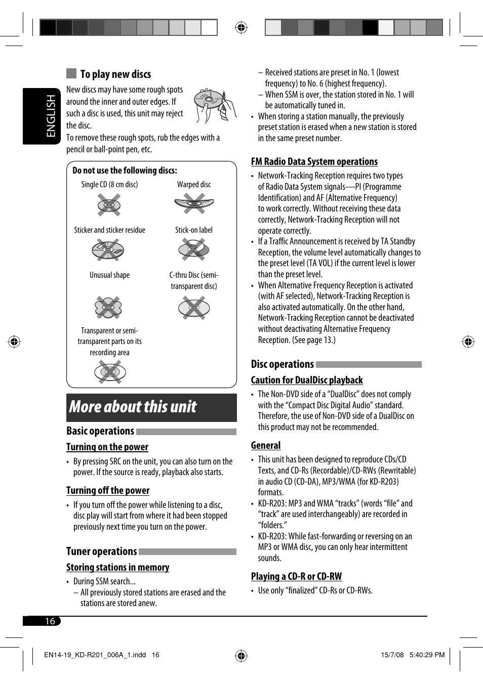 More about this unit, English to play new discs, Basic operations | Tuner operations, Disc operations | JVC GET0582-001A User Manual | Page 44 / 60