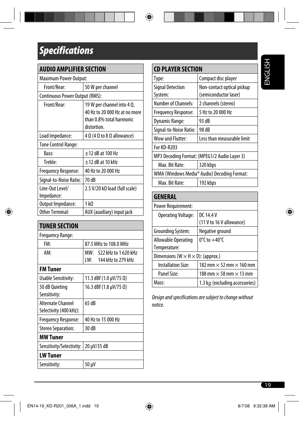 Specifications, English, General | JVC GET0582-001A User Manual | Page 47 / 60