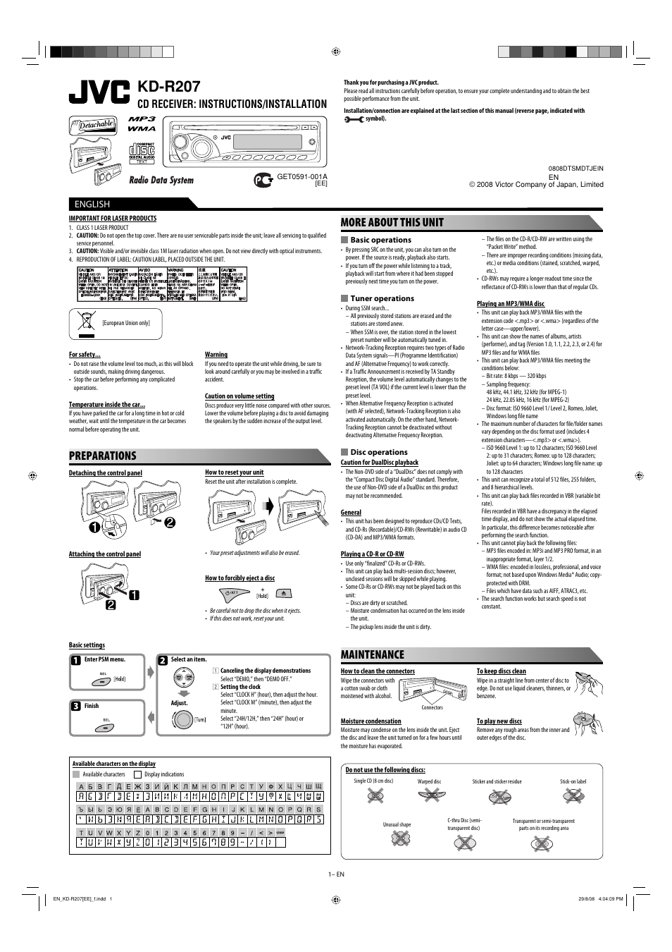 Kd-r207, Instructions/installation, Important for laser products | Preparations, More about this unit, Maintenance, Cd receiver: instructions/installation, English | JVC GET0582-001A User Manual | Page 53 / 60