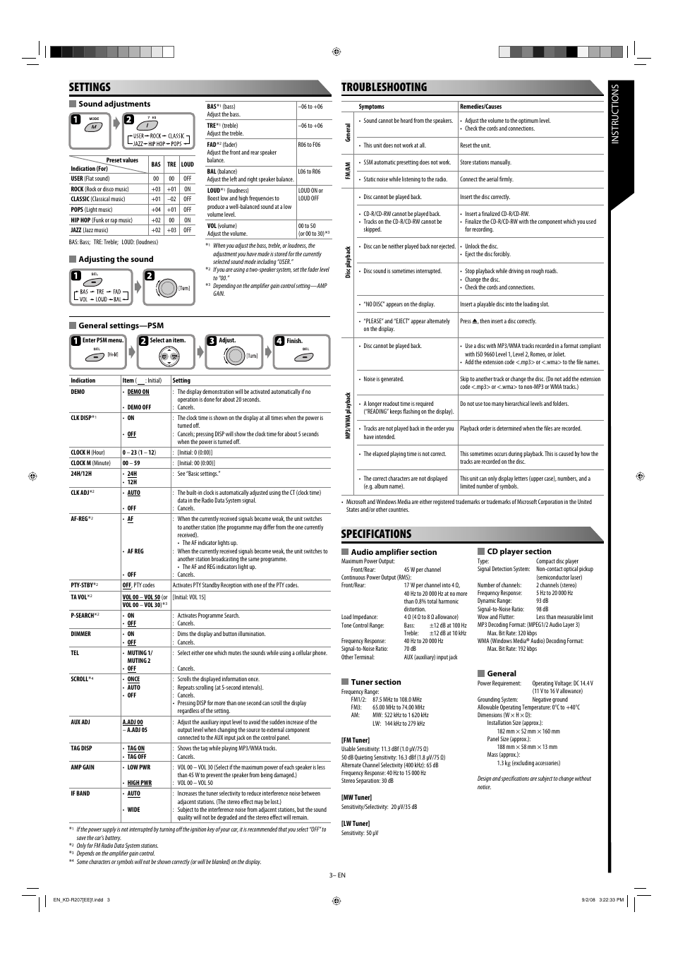 Settings, Troubleshooting, Specifications | Instructions, General, Sound adjustments, Adjusting the sound, General settings—psm | JVC GET0582-001A User Manual | Page 55 / 60