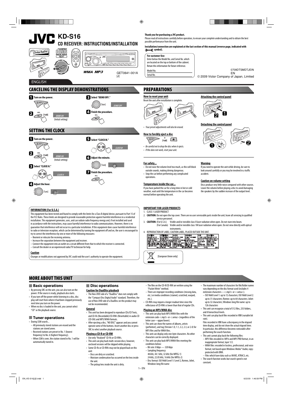 Kd-s16, Instructions/installation, Canceling the display demonstrations | Setting the clock, Preparations, More about this unit, Cd receiver: instructions/installation, English, Disc operations, Basic operations | JVC GET0582-001A User Manual | Page 57 / 60