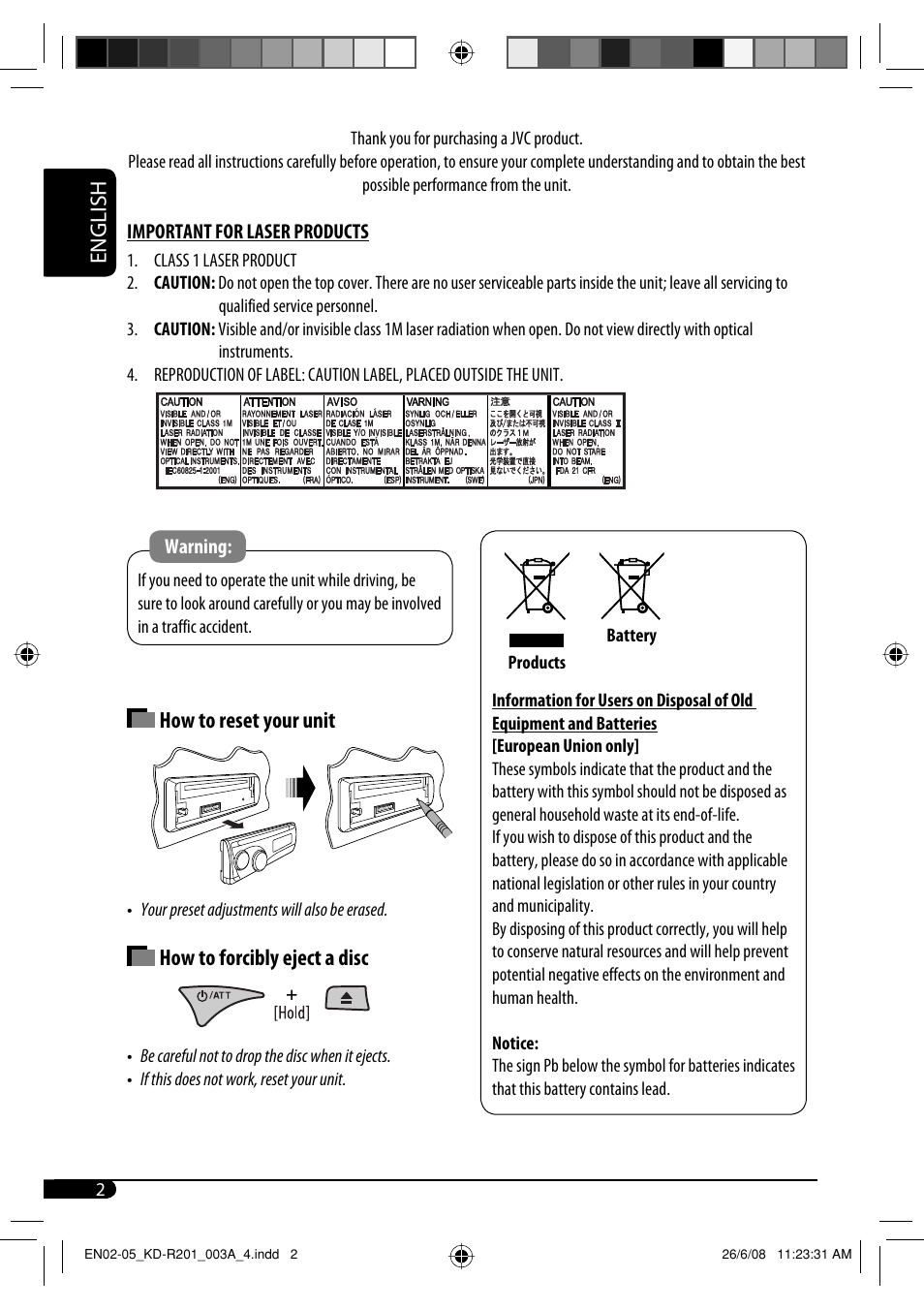Important for laser products, English, How to reset your unit | How to forcibly eject a disc | JVC GET0582-001A User Manual | Page 6 / 60