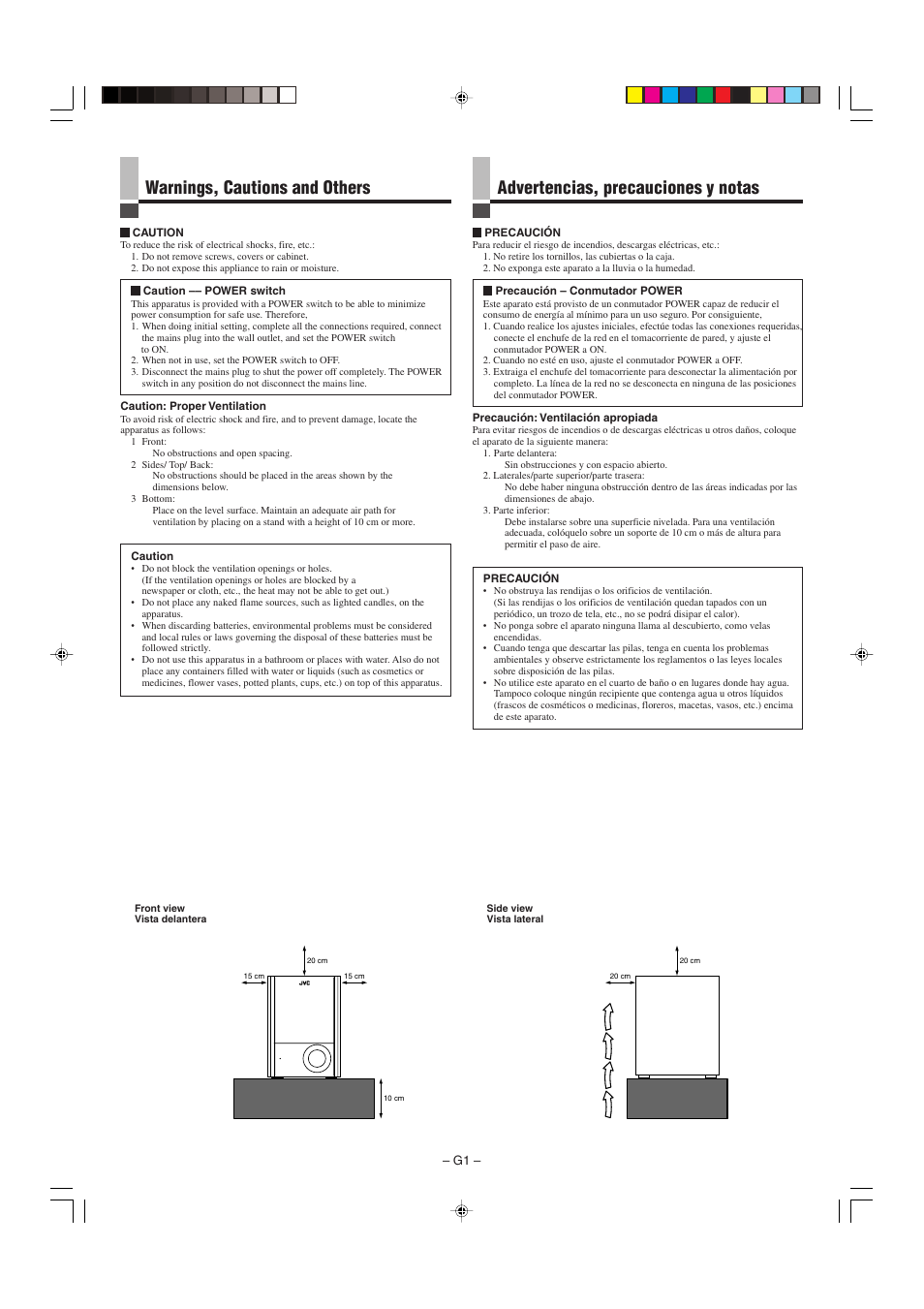 Warnings,cautions and others, Warnings, cautions and others, Advertencias, precauciones y notas | JVC SP-PW105WD User Manual | Page 2 / 10