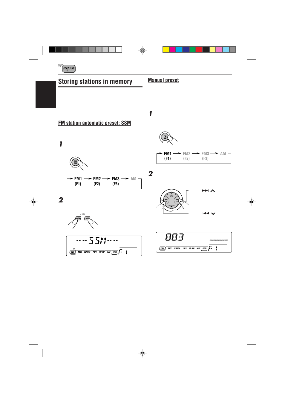 Storing stations in memory, Fm station automatic preset: ssm, Manual preset | JVC 0302KKSMDTJEIN User Manual | Page 10 / 40