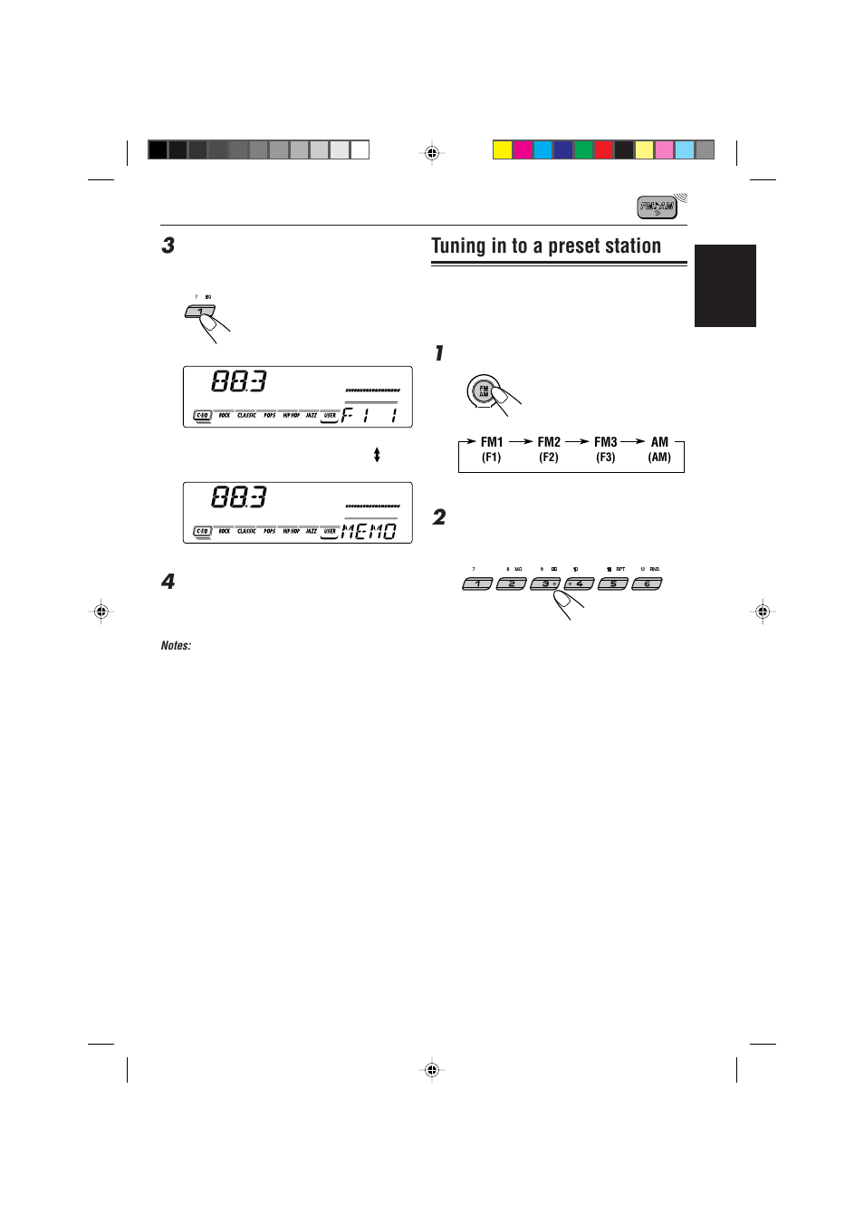 Tuning in to a preset station | JVC 0302KKSMDTJEIN User Manual | Page 11 / 40