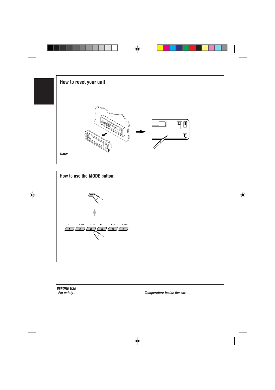 How to reset your unit, How to use the mode button, English | JVC 0302KKSMDTJEIN User Manual | Page 2 / 40