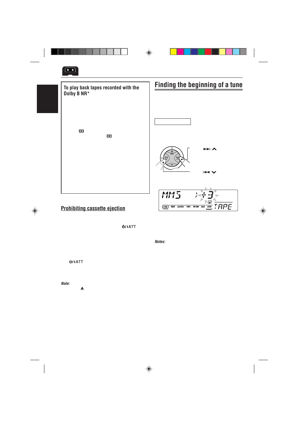 Finding the beginning of a tune, Prohibiting cassette ejection, English | JVC 0302KKSMDTJEIN User Manual | Page 20 / 40
