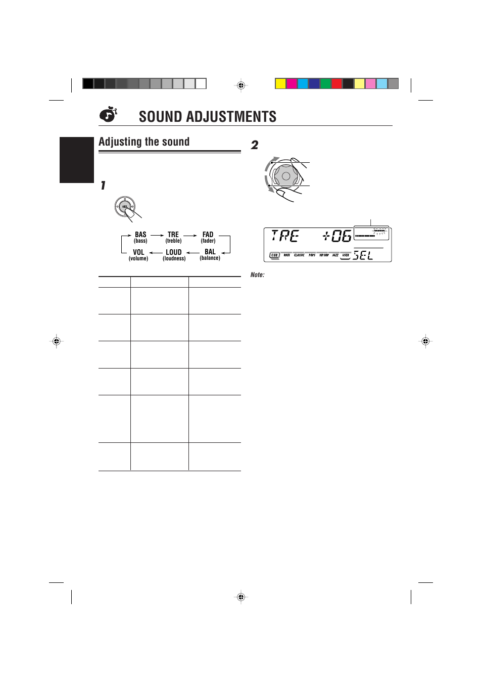 Sound adjustments, Adjusting the sound | JVC 0302KKSMDTJEIN User Manual | Page 22 / 40