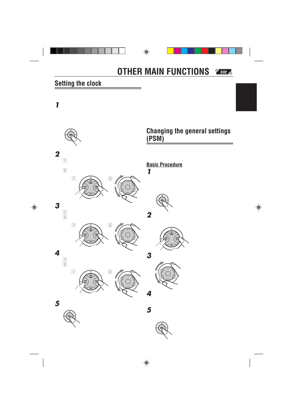 Other main functions, Setting the clock, Changing the general settings (psm) | JVC 0302KKSMDTJEIN User Manual | Page 25 / 40