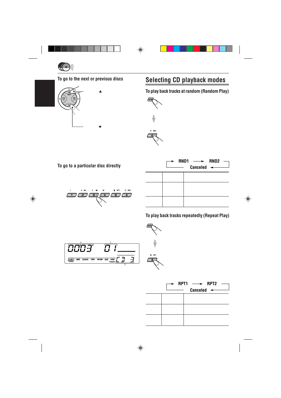 Selecting cd playback modes | JVC 0302KKSMDTJEIN User Manual | Page 30 / 40