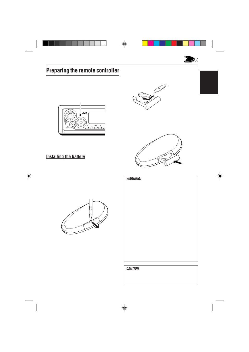 Preparing the remote controller, Installing the battery, English | JVC 0302KKSMDTJEIN User Manual | Page 5 / 40