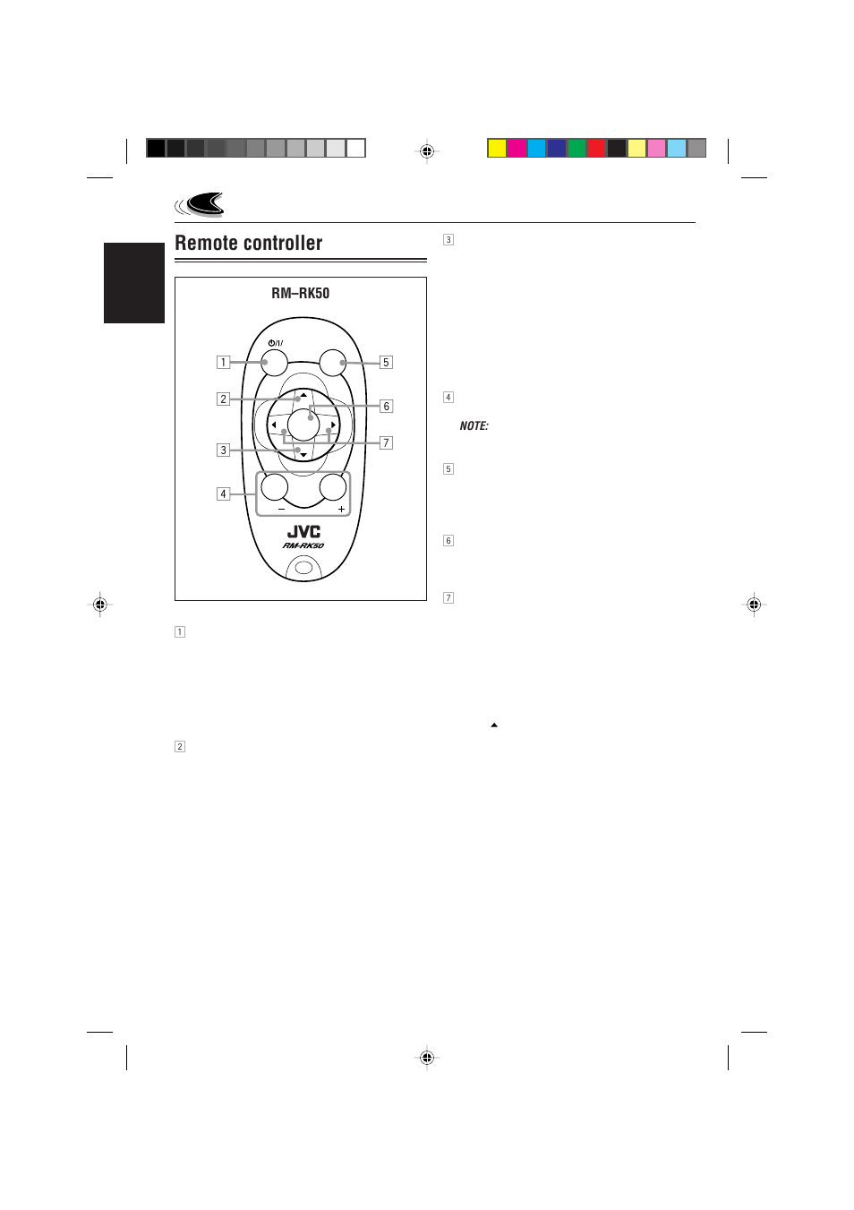 Remote controller, English, Rm–rk50 | JVC 0302KKSMDTJEIN User Manual | Page 6 / 40