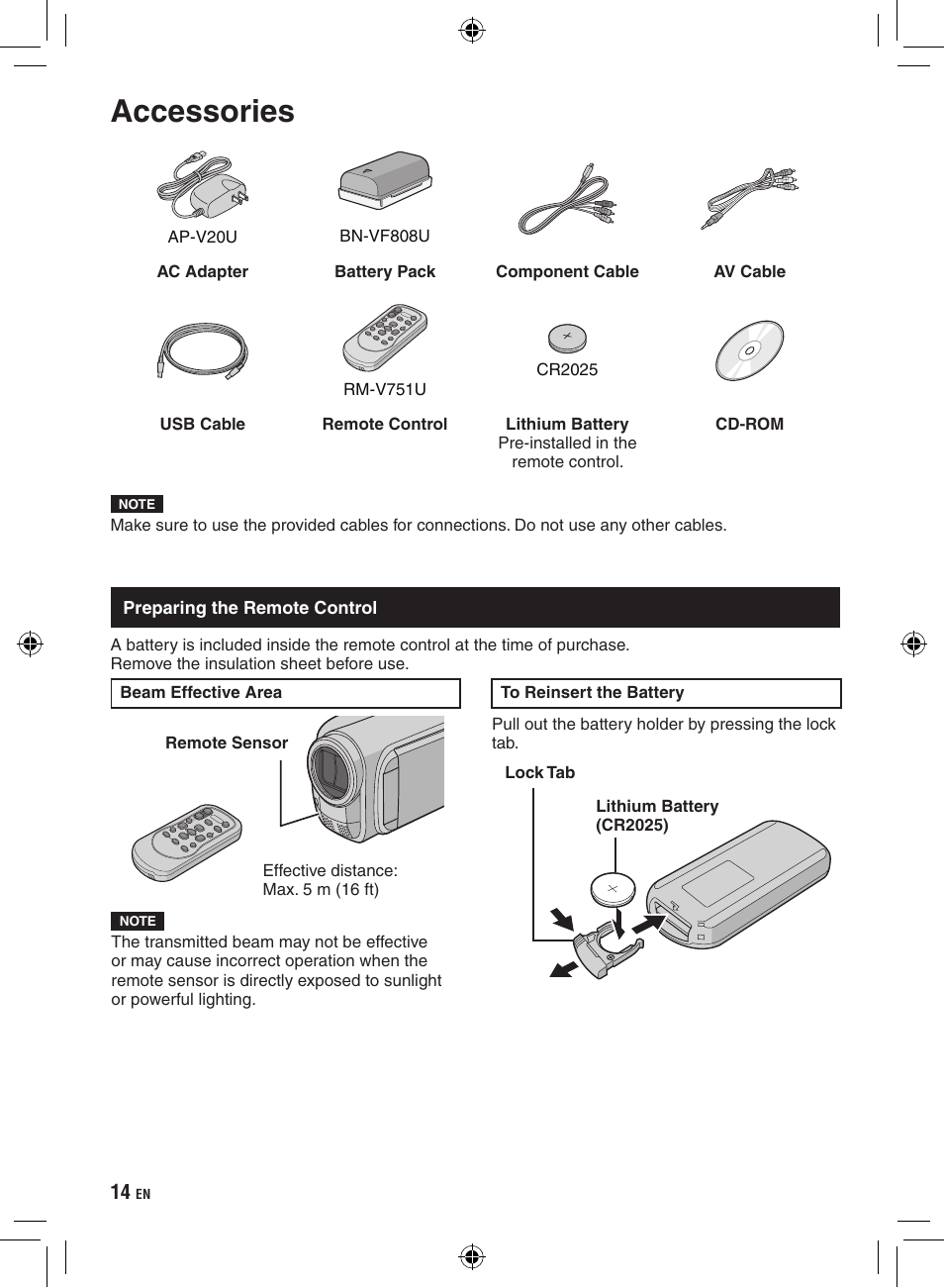 Accessories, Preparing the remote control | JVC GZ-HD300 User Manual | Page 14 / 88