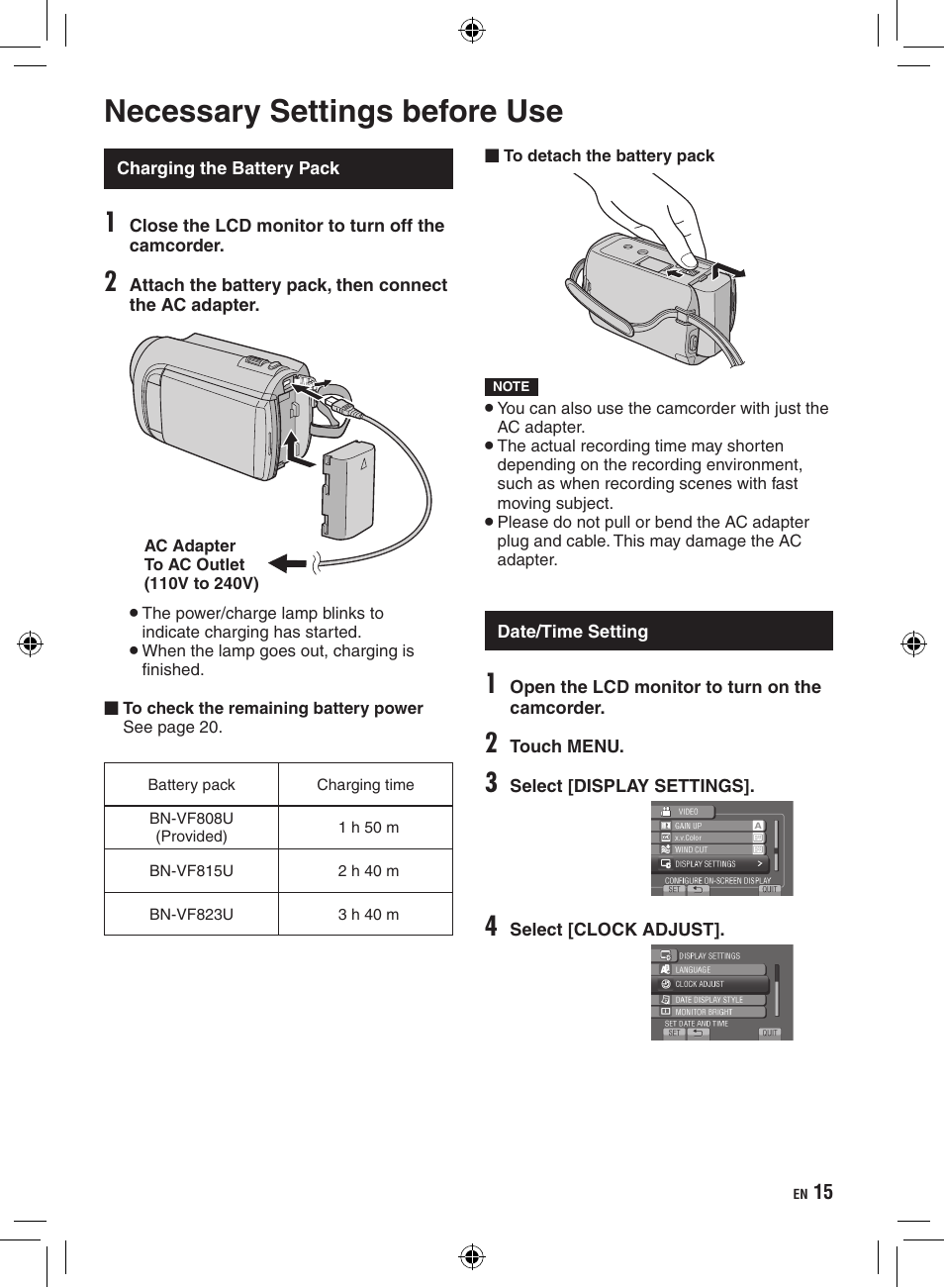 Necessary settings before use, Charging the battery pack, Date/time setting | JVC GZ-HD300 User Manual | Page 15 / 88