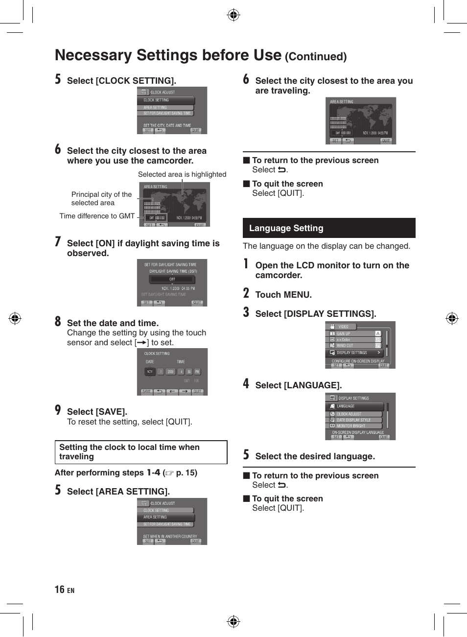 Language setting, Necessary settings before use | JVC GZ-HD300 User Manual | Page 16 / 88