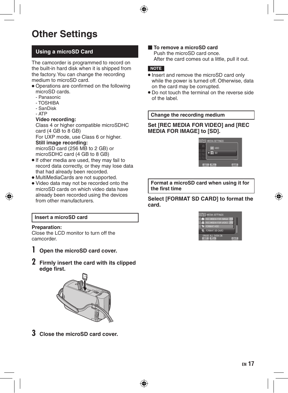 Other settings, Using a microsd card | JVC GZ-HD300 User Manual | Page 17 / 88