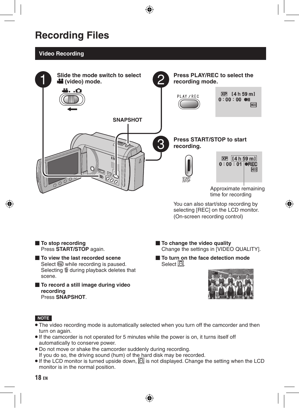 Recording/playback, Recording files, Video recording | JVC GZ-HD300 User Manual | Page 18 / 88