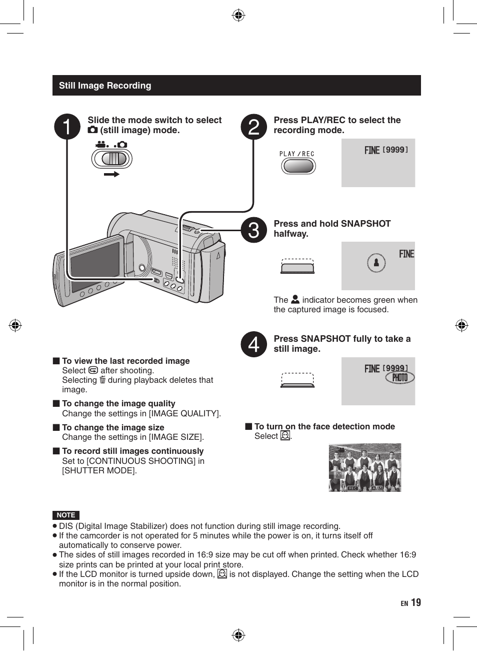 Still image recording | JVC GZ-HD300 User Manual | Page 19 / 88