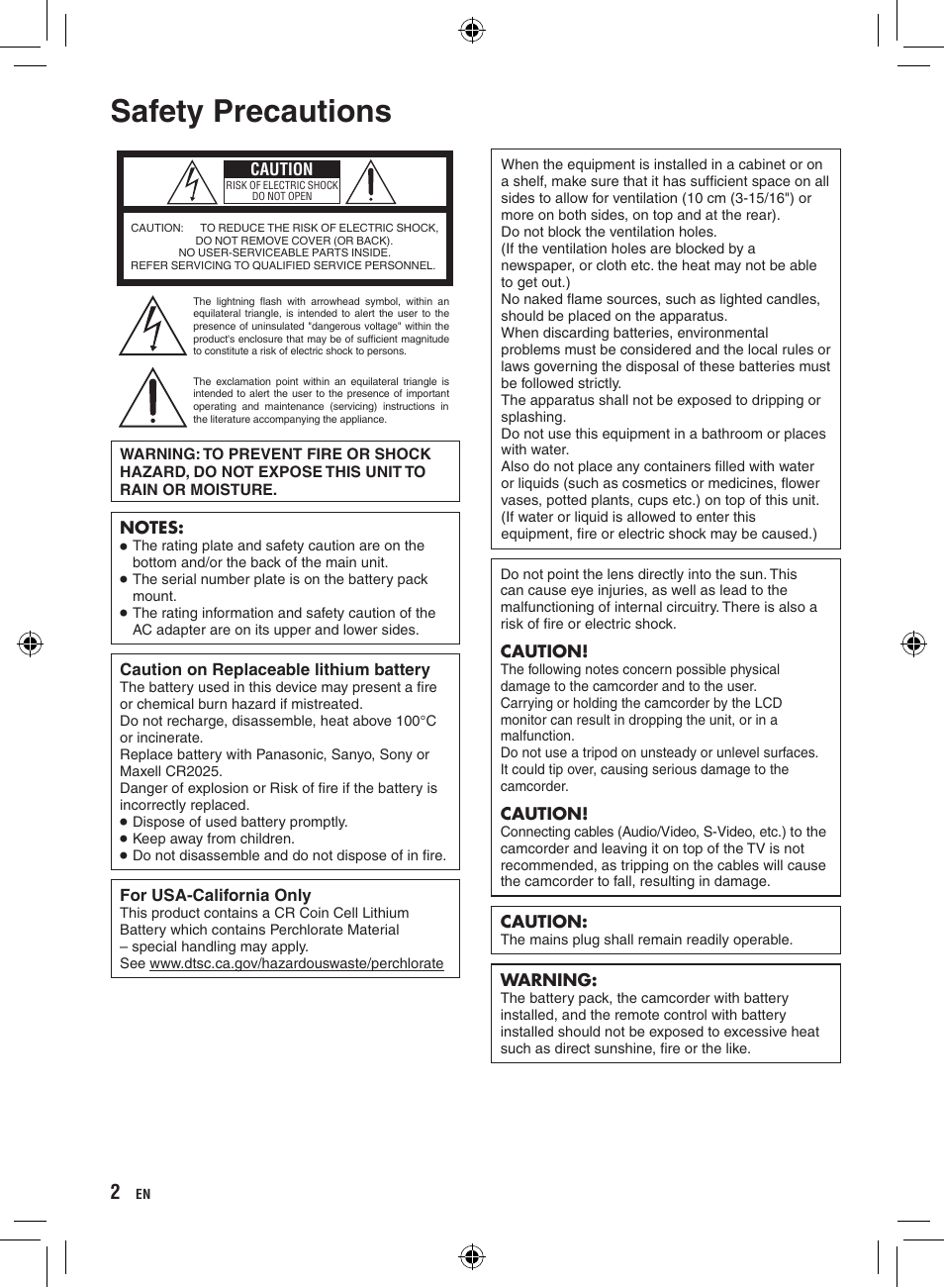 Safety precautions | JVC GZ-HD300 User Manual | Page 2 / 88