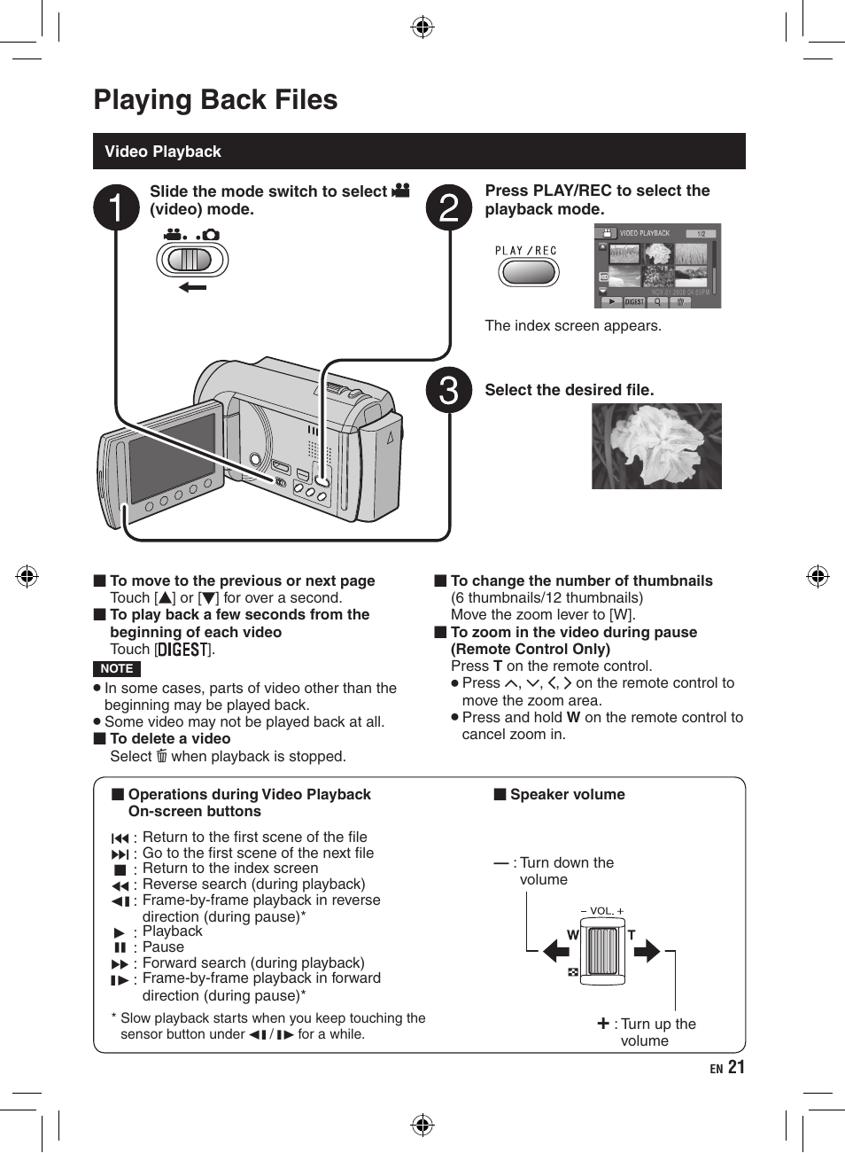 Playing back files, Video playback | JVC GZ-HD300 User Manual | Page 21 / 88